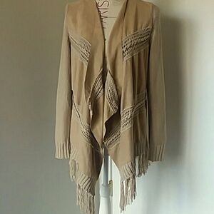 INC Sweater cardigan open knit fringe Tan tassel